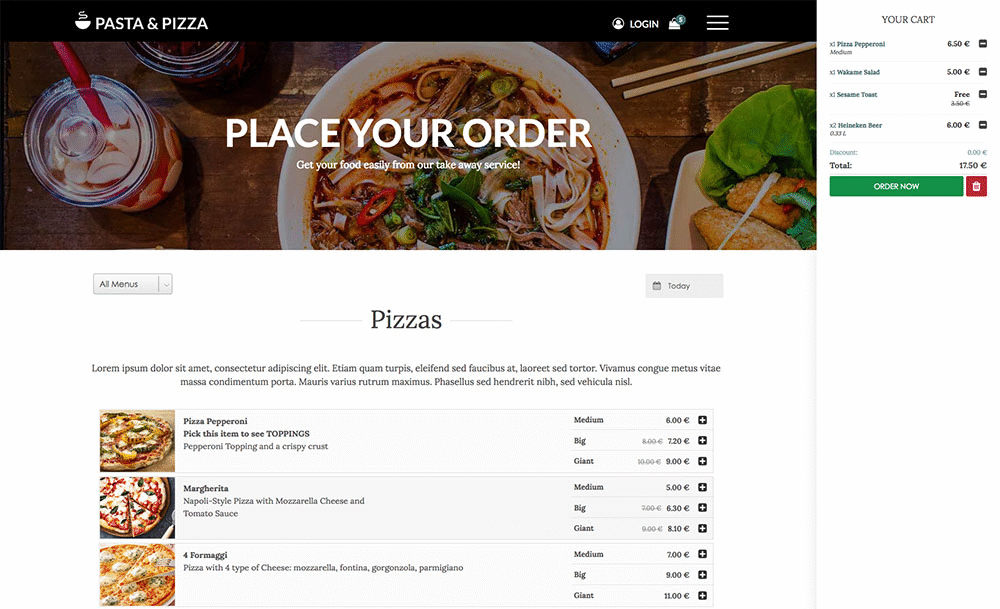 Pasta & Pizza Template - Vik Booking views