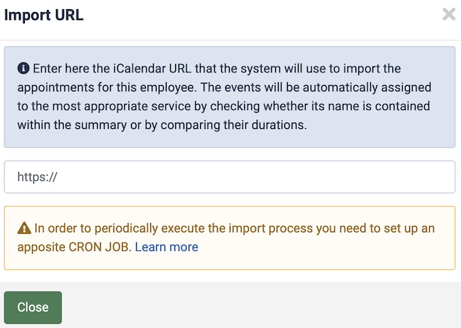 iCalendar Import Employee Configuration inspector